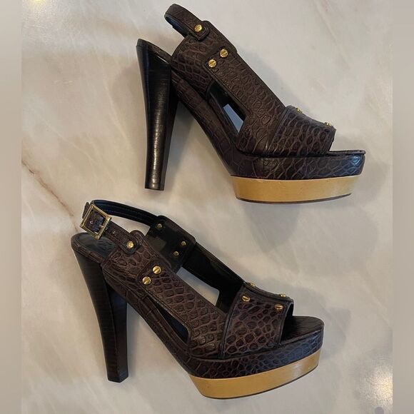 Tory Burch Monique Americana Brown Embossed Crocodile Peep Toe Sandals 10 M - Picture 4 of 9